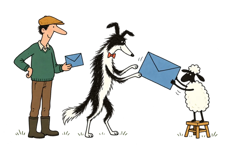 Shep helps a data-sheep deliver an oversized envelope while the farmer waits with his own message.